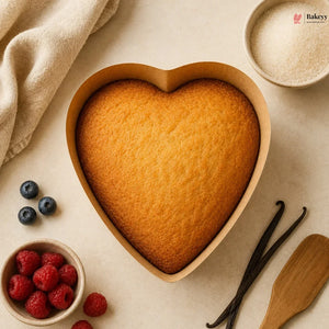 Heart-shaped cake on a beige surface with berries and vanilla beans.