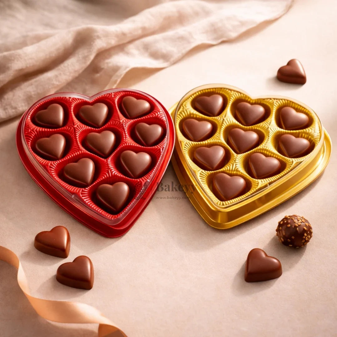 Heart Shape Chocolate Box with 9 Cavities | Transparent Lid Gift Box | Red & Gold Base | Pack of 10