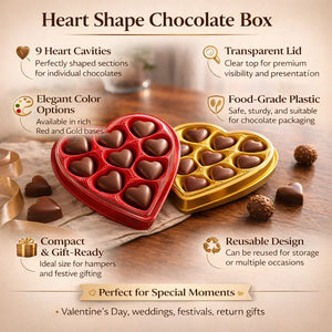 Heart Shape Chocolate Box with 9 Cavities | Transparent Lid Gift Box | Red & Gold Base | Pack of 10 - Bakeyy.com - India - Heart Shape Chocolate Box with 9 Cavities | Transparent Lid Gift Box | Red & Gold Base | Pack of 10 - Gold 460.00