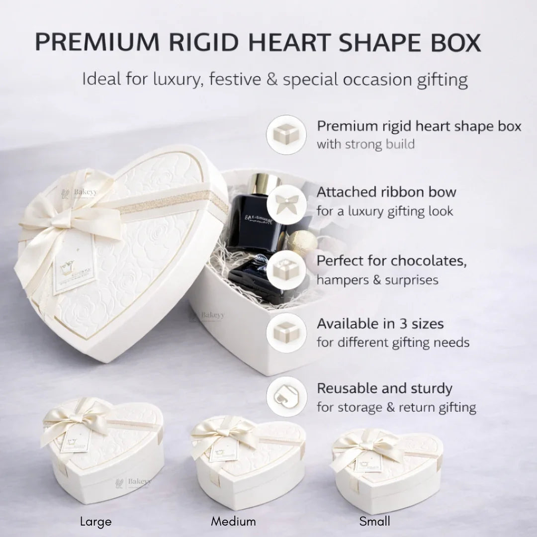 Heart Shape White Rigid Gift Box with Ribbon | Premium Valentine & Hampers Packaging Box | Luxury Storage & Gifting Box | Available in 3 Sizes | Pack of 1 - Bakeyy.com - India - Heart Shape White Rigid Gift Box with Ribbon | Premium Valentine & Hampers Packaging Box | Luxury Storage & Gifting Box | Available in 3 Sizes | Pack of 1 - Small 200.00