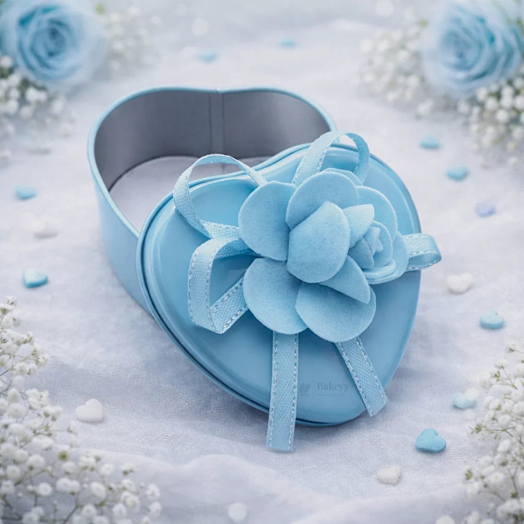 Blue heart-shaped decorative tin box with flower, gift packaging from Bakeyy.com
