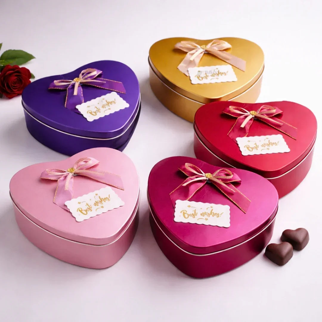 Heart Shaped Empty Decorative Tin Box with Attached Bow | Multiple Colors Options | Gift Tin Box | Storage Tin Box| Pack of 1 - Bakeyy.com - India - Heart Shaped Empty Decorative Tin Box with Attached Bow | Multiple Colors Options | Gift Tin Box | Storage Tin Box| Pack of 1 - Purple 180.00