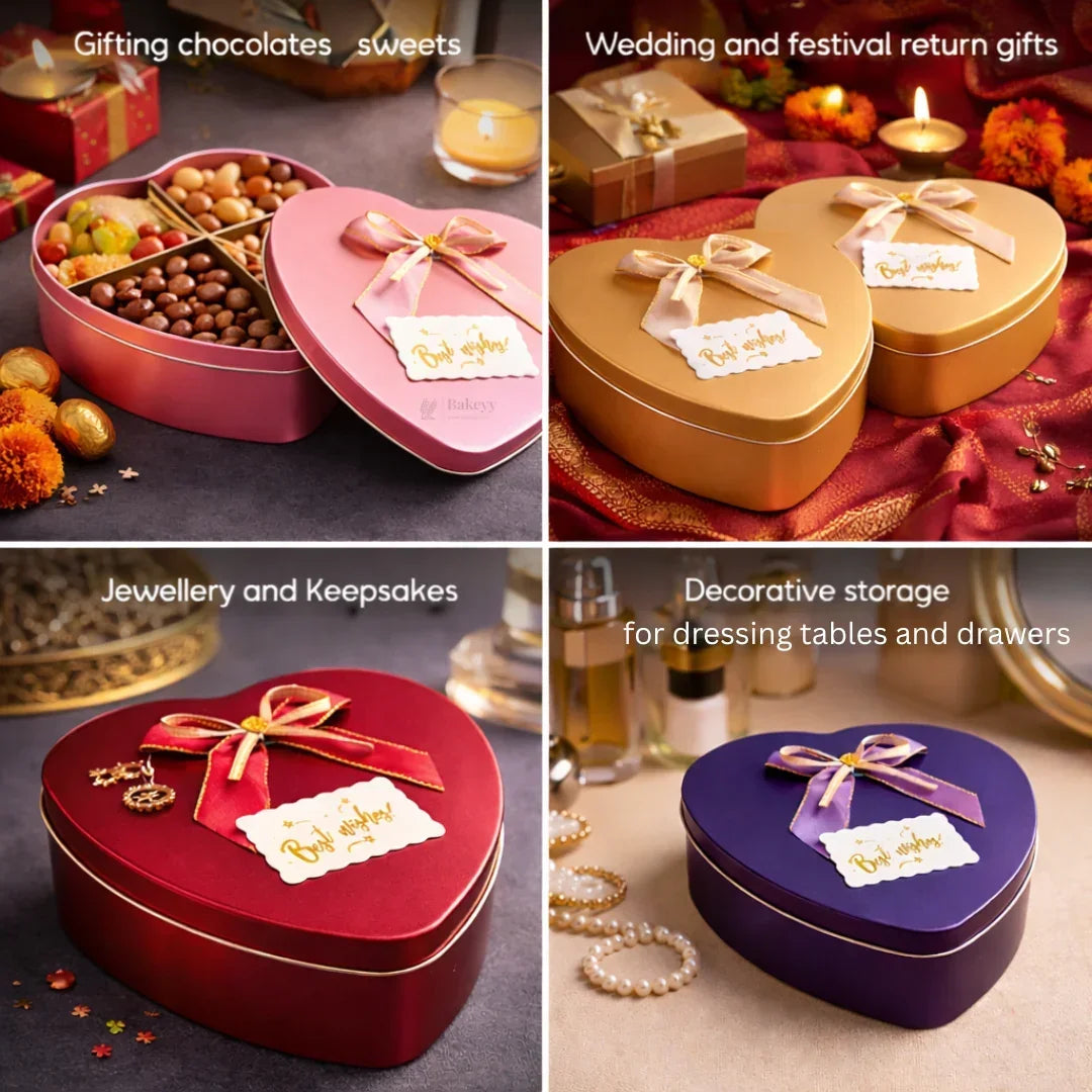 Heart Shaped Empty Decorative Tin Box with Attached Bow | Multiple Colors Options | Gift Tin Box | Storage Tin Box| Pack of 1 - Bakeyy.com - India - Heart Shaped Empty Decorative Tin Box with Attached Bow | Multiple Colors Options | Gift Tin Box | Storage Tin Box| Pack of 1 - Purple 180.00