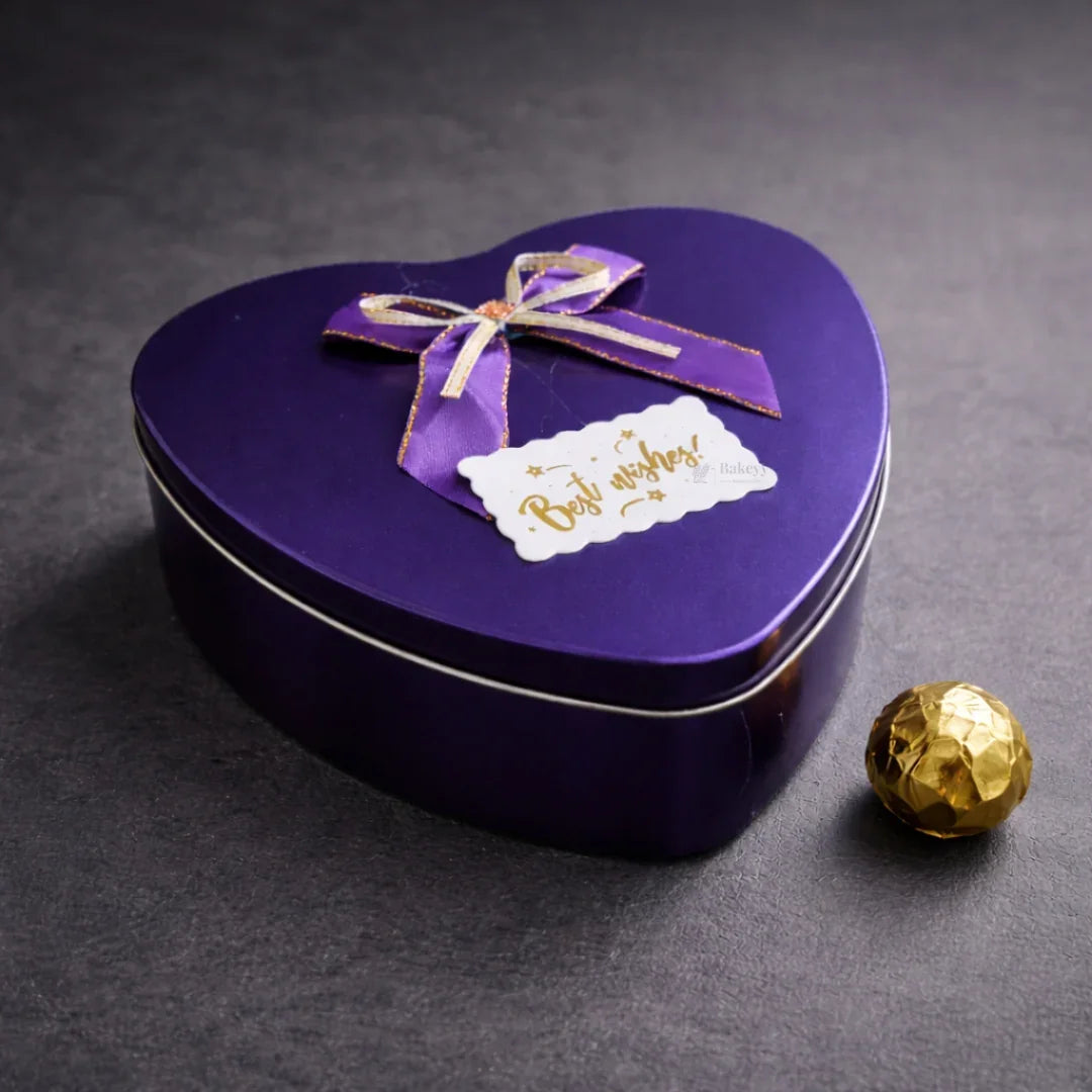 Heart Shaped Empty Decorative Tin Box with Attached Bow | Multiple Colors Options | Gift Tin Box | Storage Tin Box| Pack of 1 - Bakeyy.com - India - Heart Shaped Empty Decorative Tin Box with Attached Bow | Multiple Colors Options | Gift Tin Box | Storage Tin Box| Pack of 1 - Purple 180.00