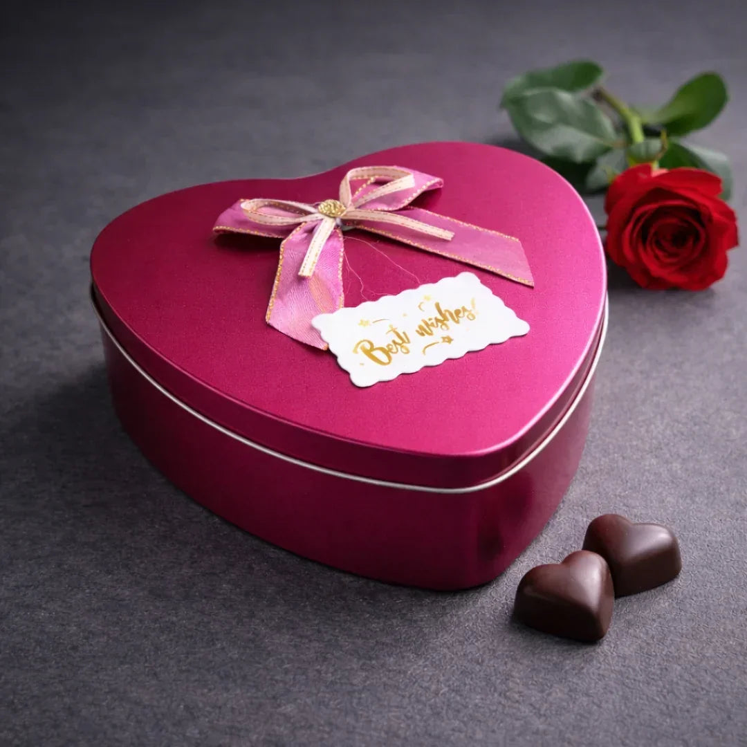 Heart Shaped Empty Decorative Tin Box with Attached Bow | Multiple Colors Options | Gift Tin Box | Storage Tin Box| Pack of 1 - Bakeyy.com - India - Heart Shaped Empty Decorative Tin Box with Attached Bow | Multiple Colors Options | Gift Tin Box | Storage Tin Box| Pack of 1 - Dark Pink 180.00