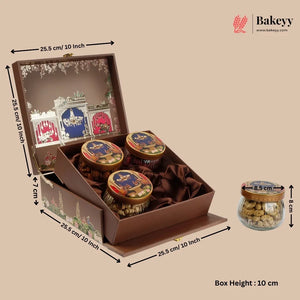 An open brown gift box containing four round jars of nuts, shown with dimension callouts and a smaller inset of one jar. The image includes Bakeey branding and text noting box dimensions 25.