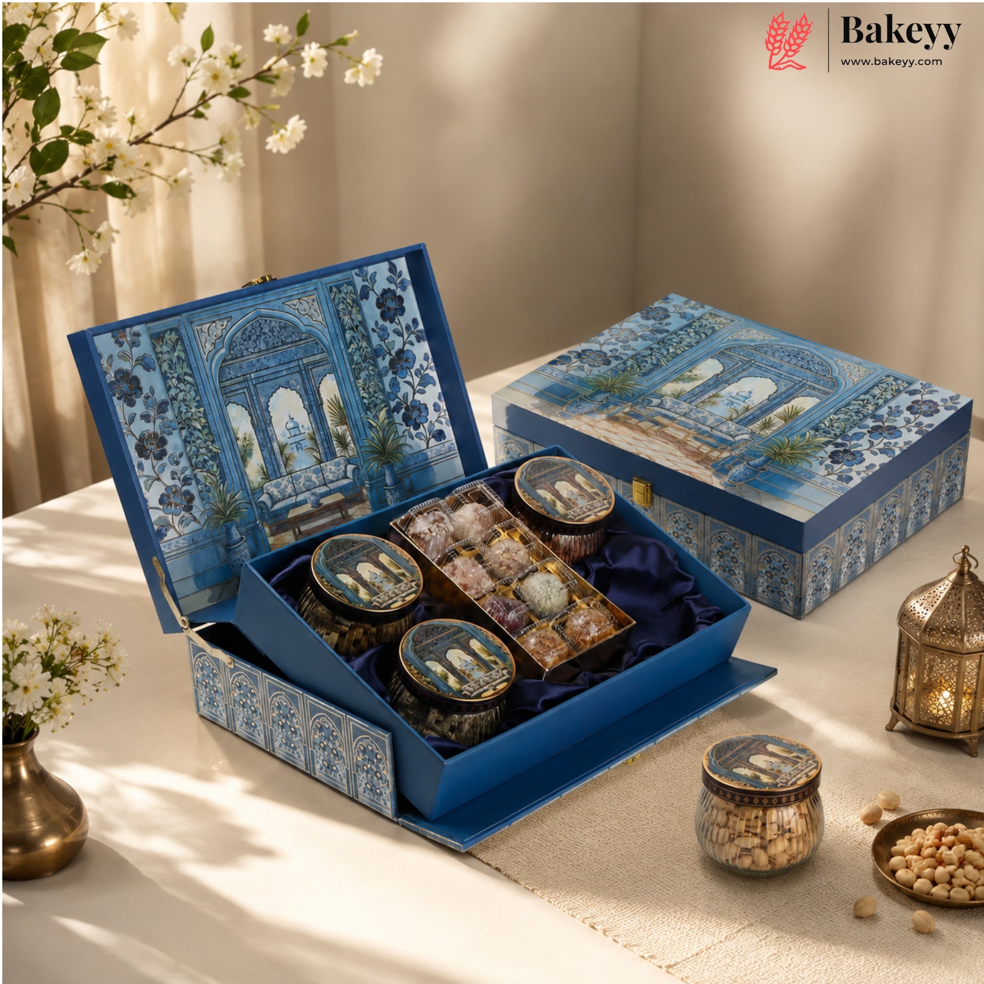 An open blue decorative gift box filled with assorted packaged sweets and snacks, shown beside a matching closed box on a draped cream table. The packaging features an ornate blue architectural illustration, and the scene includes small lanterns, flowers, and jars of nuts in a warm styled setting.