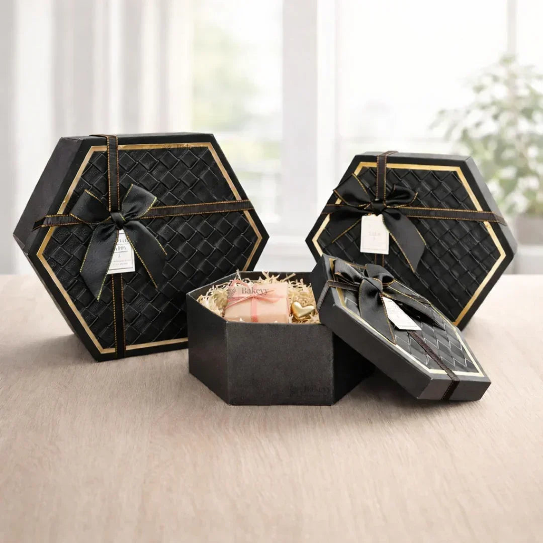 Black Hexagon Gift Box with Ribbon | Luxury Rigid Hamper & Chocolate Packaging Box | Available in 3 Sizes | Pack of 1
