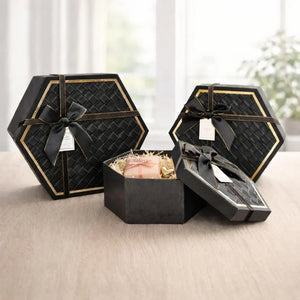HexagonRigidHamBlack_Hexagon_Gift_Box_with_Ribbon_Luxury_Rigid_Hamper_Chocolate_Packaging_Box_Available_in_3_Sizes_Pack_of_1perbox_3 - Bakeyy.com