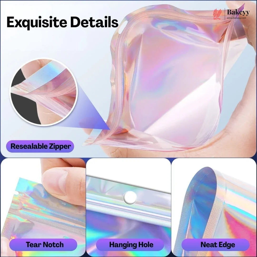An iridescent holographic zippered pouch being held by hands, with text callouts highlighting a resealable zipper, tear notch, hanging hole, and neat edge. The collage includes a close-up inset of the zipper detail and a small Bakeey logo in the top right.