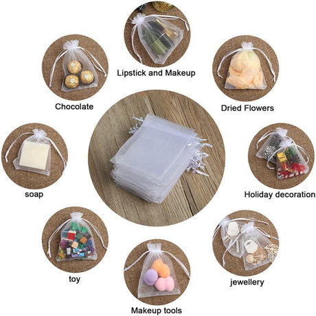 10x14 CM | Organza Potli Bags | White Colour |100 g | Candy Bag - Bakeyy.com - India - 10x14 CM | Organza Potli Bags | White Colour |100 g | Candy Bag - Pack Of 100 / 10x14 cm / 4x6 inch / White