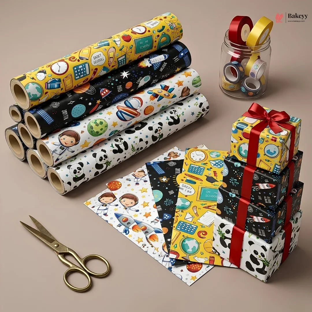 Colorful wrapping paper rolls with a stack of wrapped gifts, scissors, and a jar of tape on a beige background.