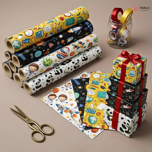 Colorful wrapping paper rolls with a stack of wrapped gifts, scissors, and a jar of tape on a beige background.