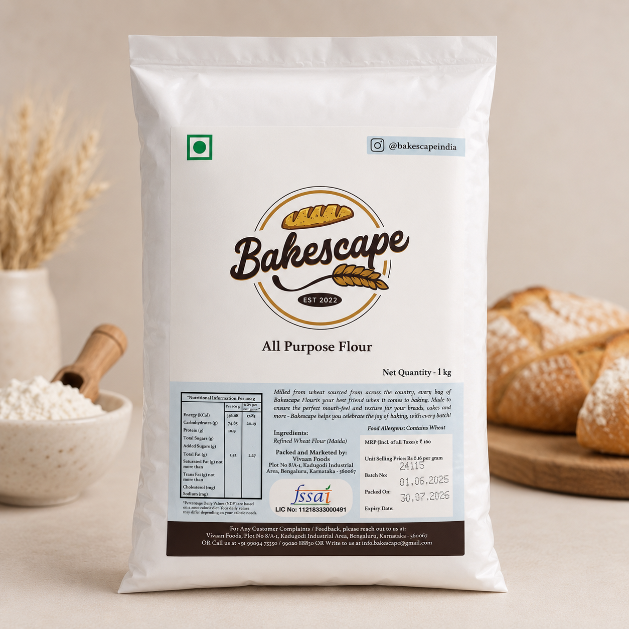 Bag of Bakescape all-purpose flour with bread and flour on a table