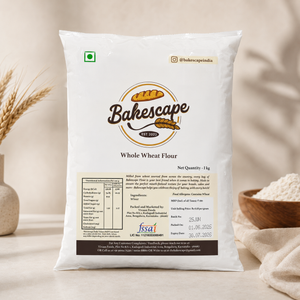 Bag of Bakescape whole wheat flour with branding and product details on a neutral background.