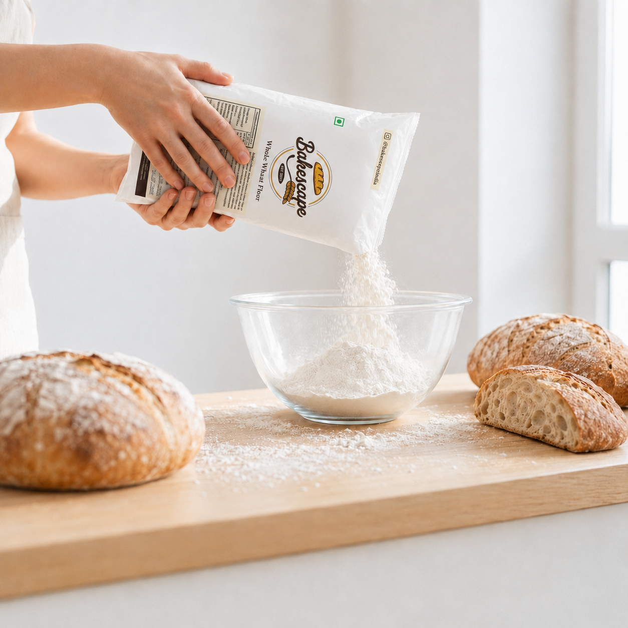 Person pouring flour from a bag into a bowl on a wooden surface with bread loaves.