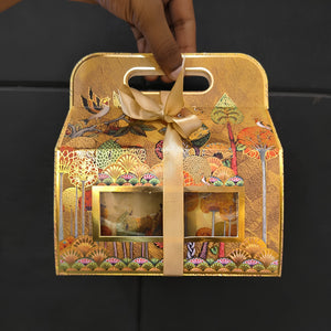 Indian Heritage Embossed Gift Box with Window, Handle & Ribbon | 4 Designs | Pack of 5