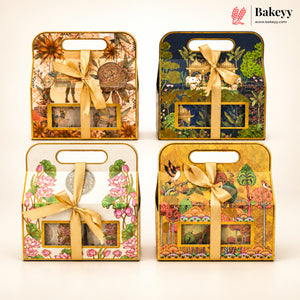 Indian Heritage Embossed Hamper Box with Window, Handle & Ribbon | 4 Designs | Pack of 5