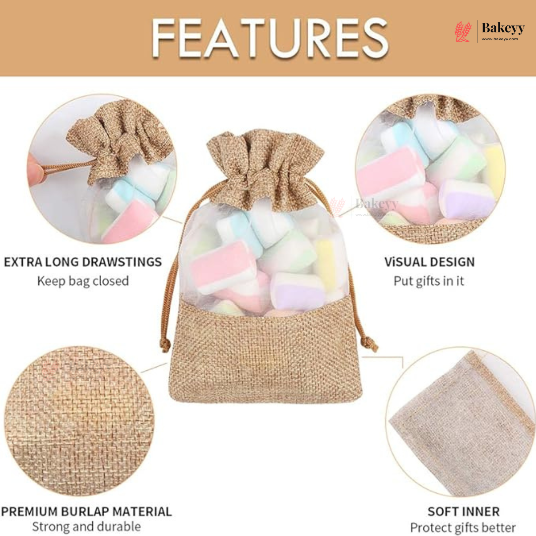 Jute Drawstring Pouch with Double-Sided Transparent Window | Natural Gift & Packaging Bag | Pack of 50