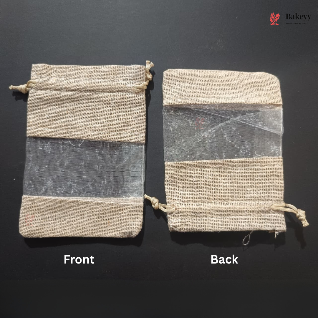 Jute Drawstring Pouch with Double-Sided Transparent Window | Natural Gift & Packaging Bag | Pack of 50