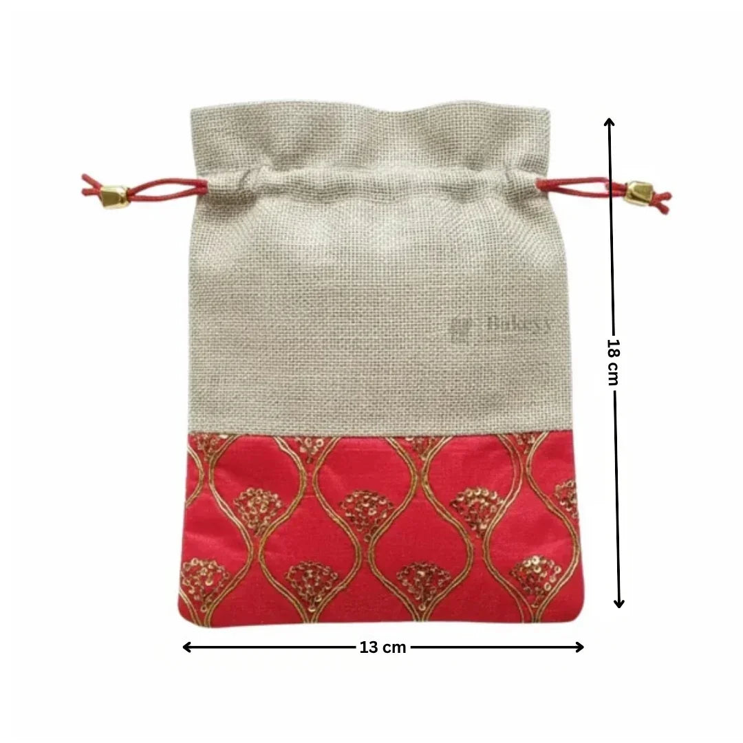 Jute_RedEmbroideredPotliBagwithDrawstringFestiveGiftPouchforWedding_ReturnGiftsPackof10_3 - Bakeyy.com