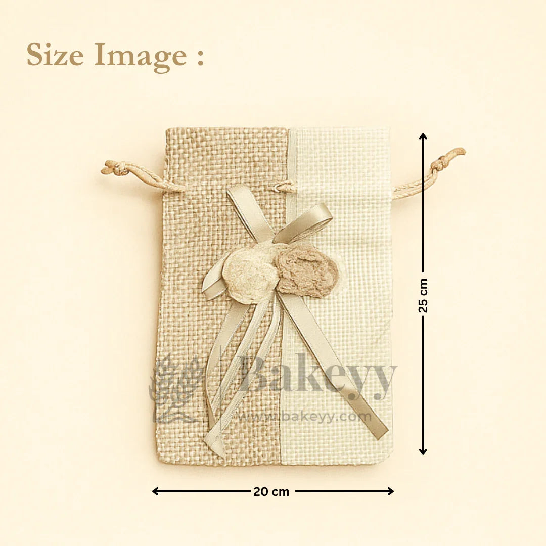 Jute potli bag with floral accents and ribbons, 20x25 cm, gift packaging from Bakeyy.com