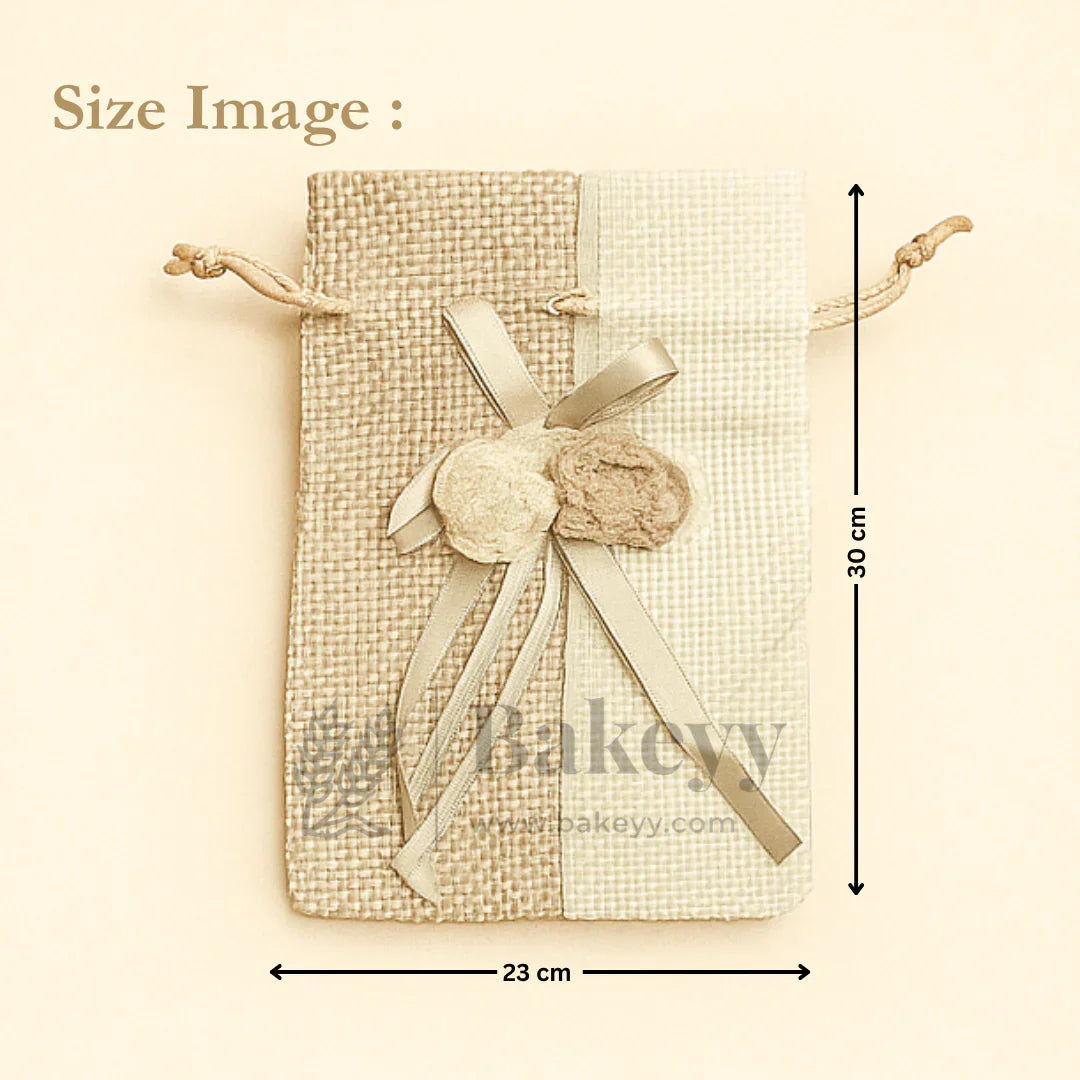 Jute potli gift bag with floral accents, ribbon bow, 23x30 cm, wholesale packaging from Bakeyy.com