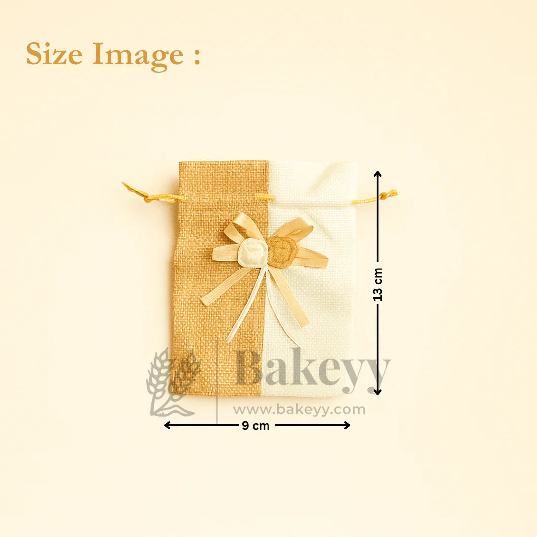 Jute potli bag with floral accents, 9x13 cm, gift packaging from Bakeyy wholesale shop