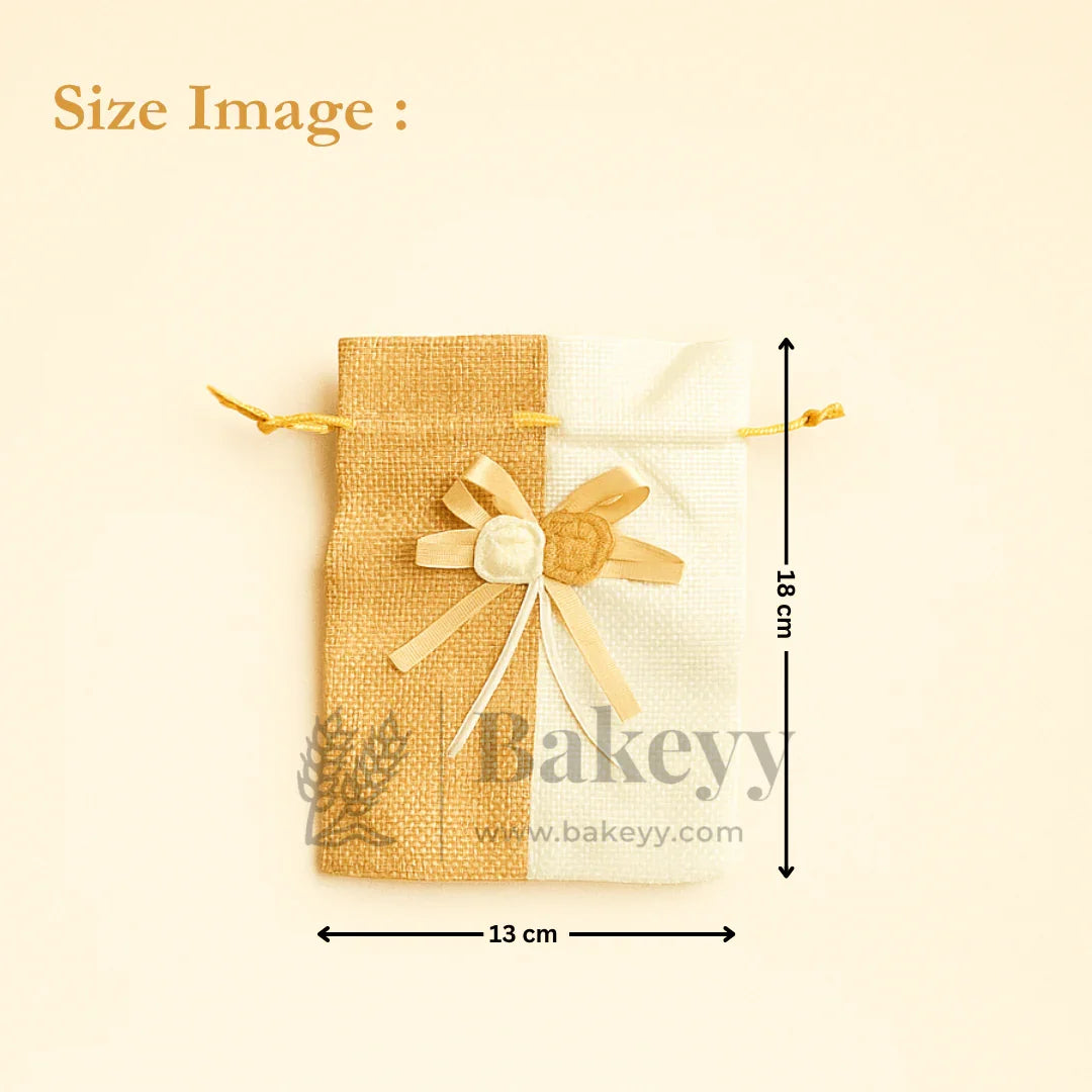 Jute potli bag with floral accents, 13x18 cm, ideal for gift packaging from Bakeyy.com