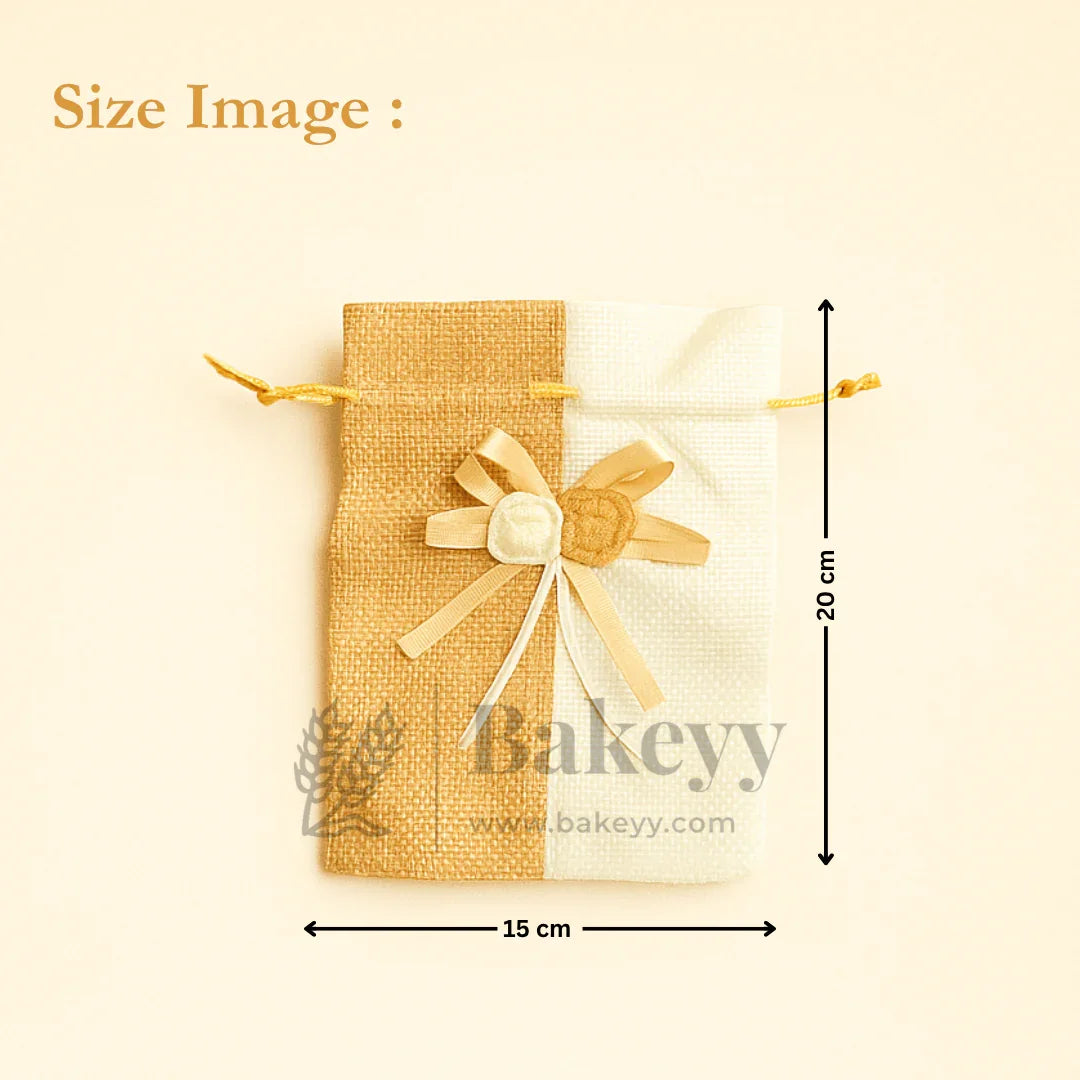 Jute potli gift bag with floral ribbon accents, 15x20 cm, Bakeyy gift packaging supplies