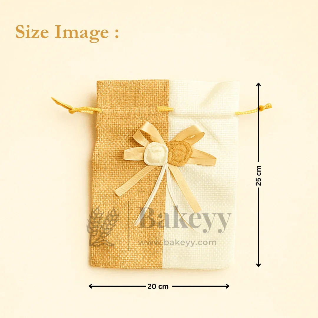 Jute potli bag with floral accents, 20x25 cm, ideal for gift packaging from Bakeyy.com