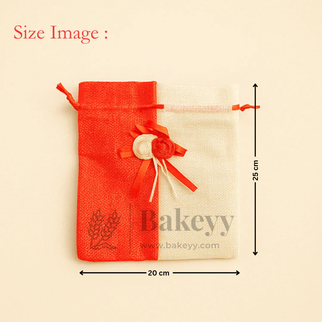 Jute potli bag with red and cream floral accents, 20x25cm, wholesale gift packaging at Bakeyy