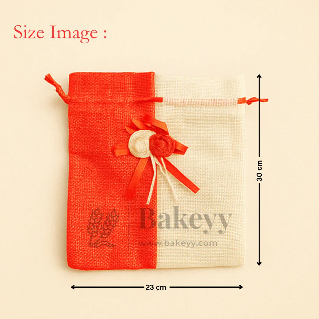 Jute potli bag with floral accents, red and white, 23x30 cm, Bakeyy gift packaging.