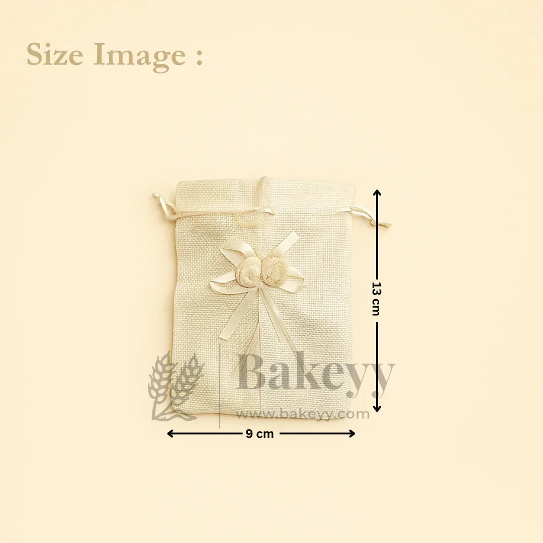 Jute potli gift bag with floral accents, 9x13 cm, ideal for bakery packaging from Bakeyy