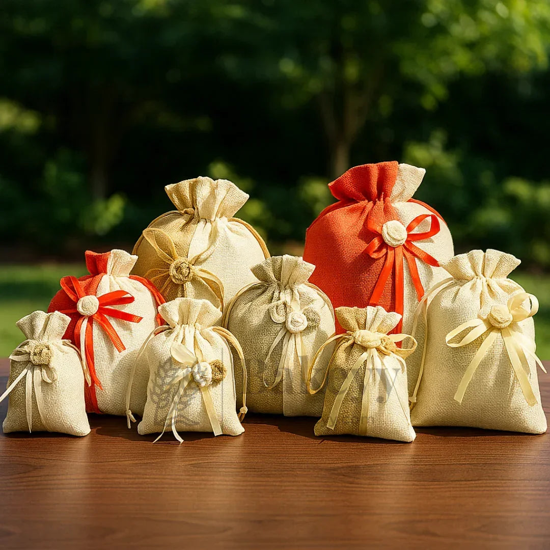 Jute potli bags with floral ribbon accents for gift packaging, displayed outdoors on a table.