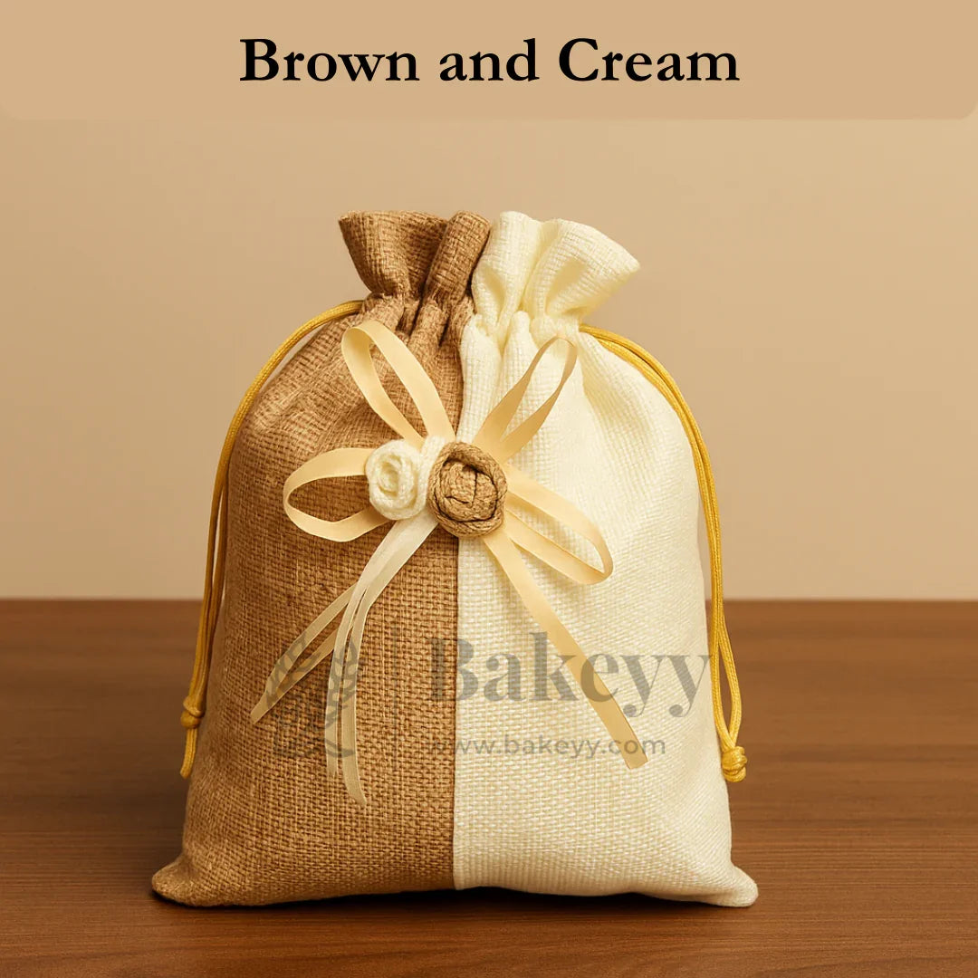 Brown and cream jute potli bag with floral ribbon accents, gift packaging from Bakeyy