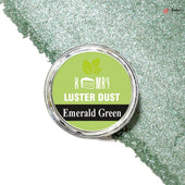 Jar of Kemy Luster Dust in Emerald Green color on a glittery green background