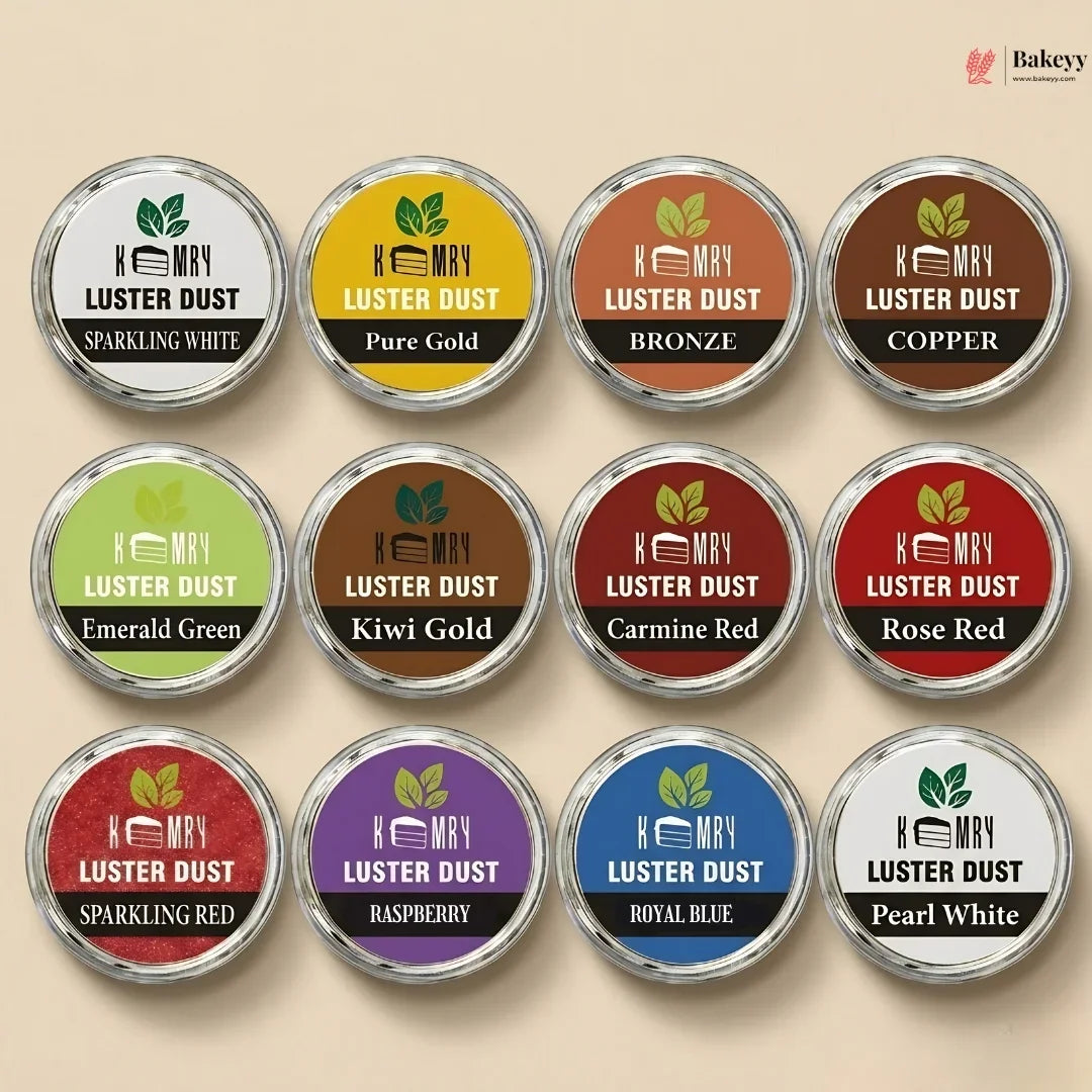 Assorted Kenary Luster Dust containers on a beige background