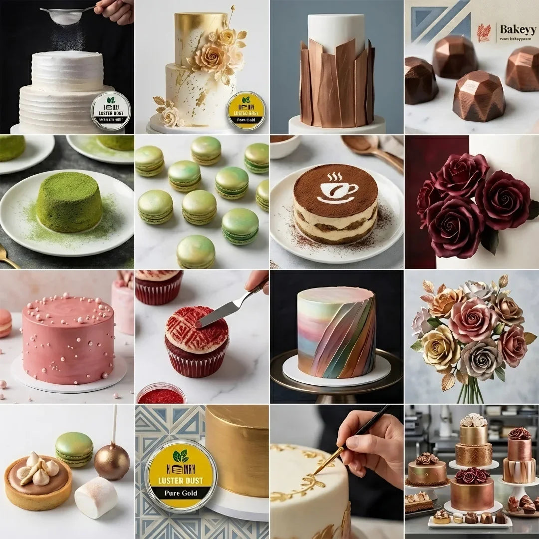 Collage of various cakes and pastries with different designs and colors.