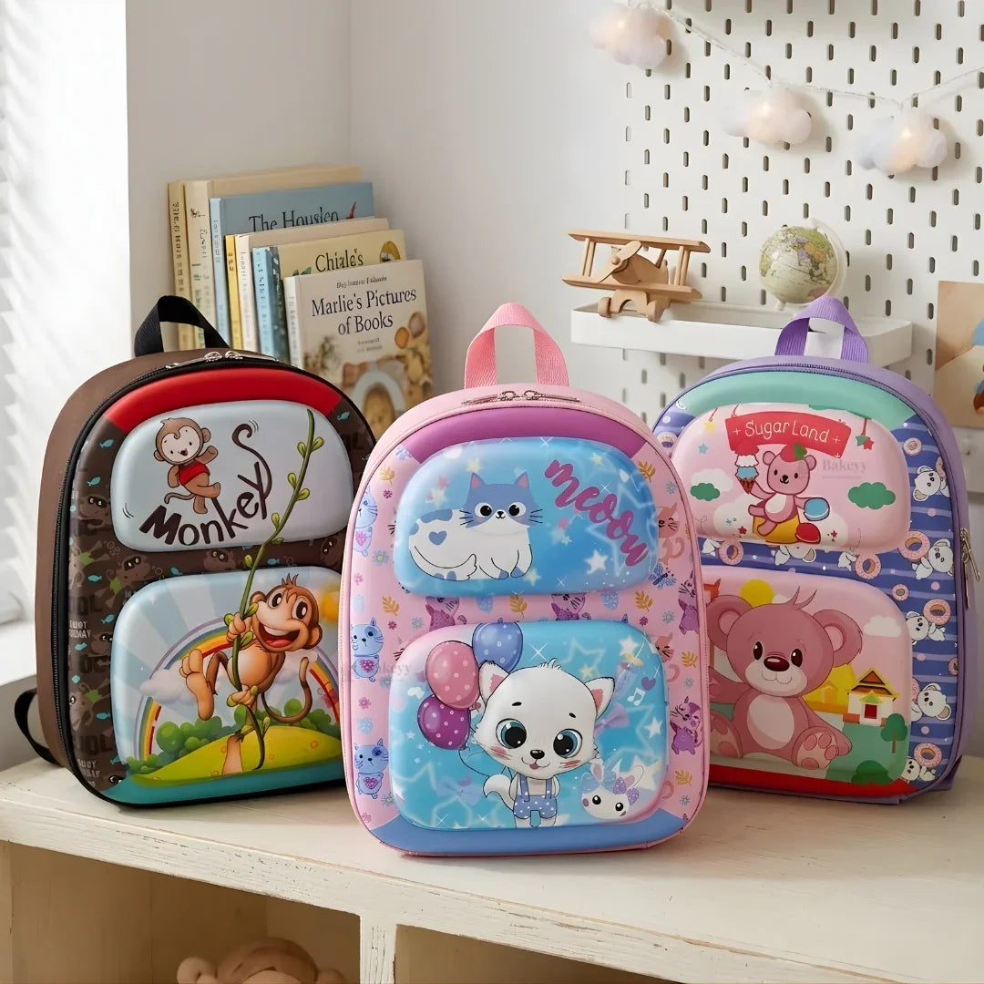 Kids Cartoon Animal Hard-Front Mini Backpack | 3 Cute Animal Designs | Lightweight School & Travel Bag | Pack of 1