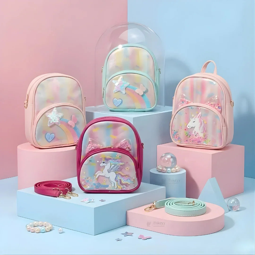 Kids Glitter Unicorn & Rainbow Mini Backpack | Detachable Shoulder Strap | Multiple Color Options | Pack of 1