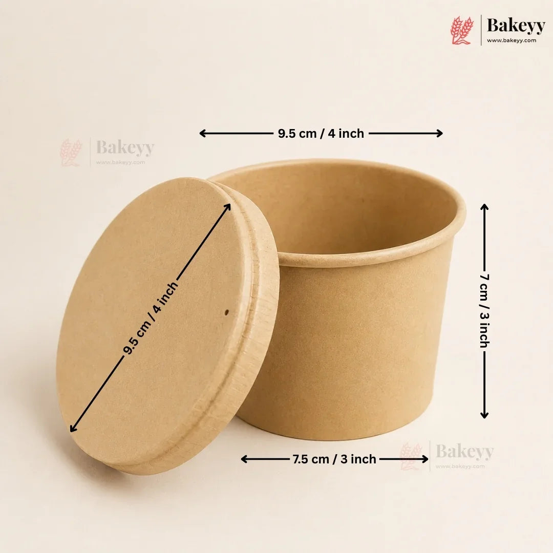 Brown paper container with lid and dimensions labeled, featuring the Bakeyy brand.