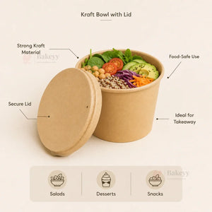 Kraft bowl with lid containing salad ingredients, labeled with features and uses.