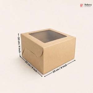 A square brown kraft paper window box with dimension annotations showing measurements of 20 cm by 20 cm by 10 cm, on a light beige background.