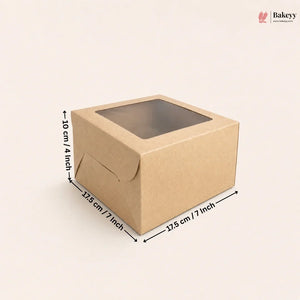 A square brown kraft paper bakery box with a clear window on top, shown with dimension arrows and labels indicating 17.5 cm by 17.