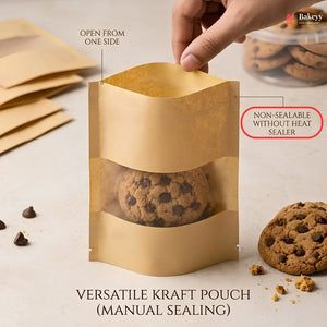Kraft paper pouch with a cookie, showing manual sealing process and text about non-sealable without heat sealer.