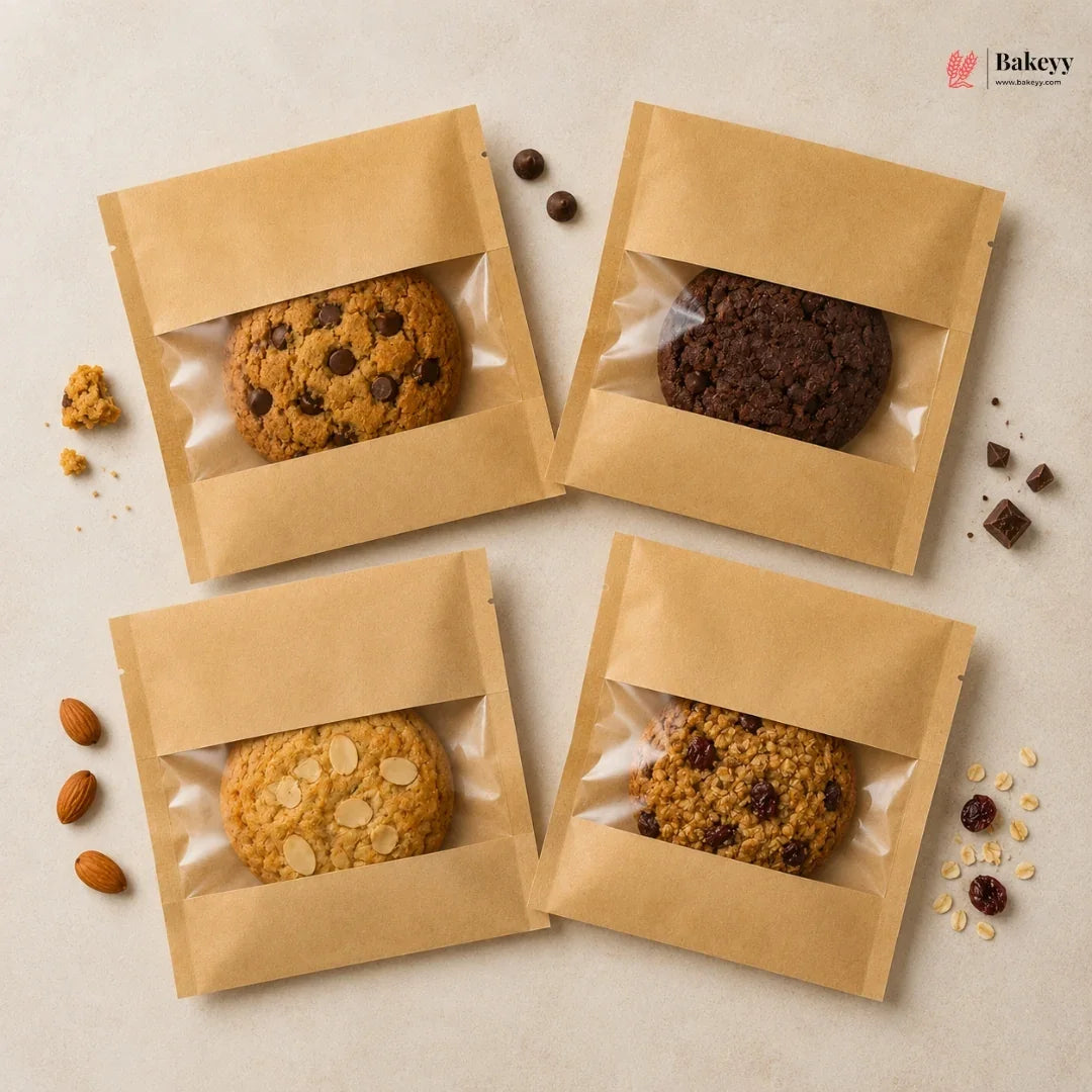 Four brown paper packages containing different types of cookies on a light beige background.