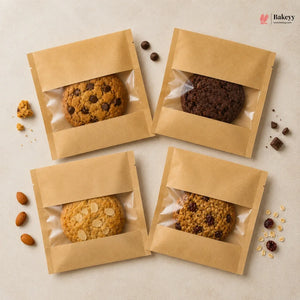 Four brown paper packages containing different types of cookies on a light beige background.