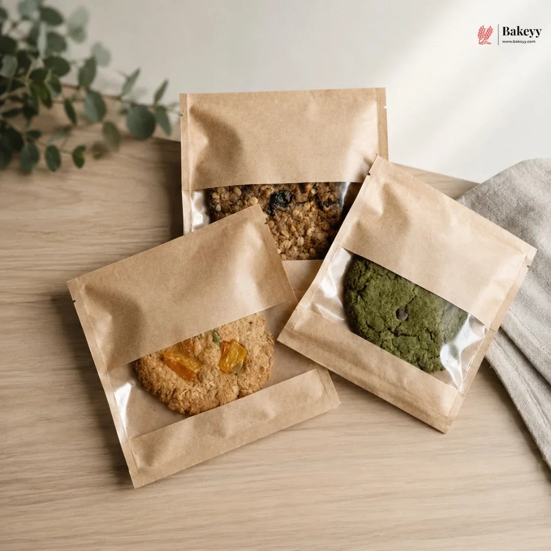 Three brown paper packages containing different types of food on a wooden surface with a plant in the background.