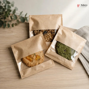 Three brown paper packages containing different types of food on a wooden surface with a plant in the background.